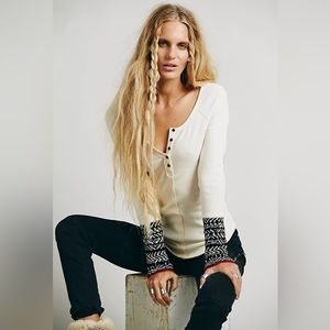 Free People Cream Long Sleeve Henley with Patterned Cuffs